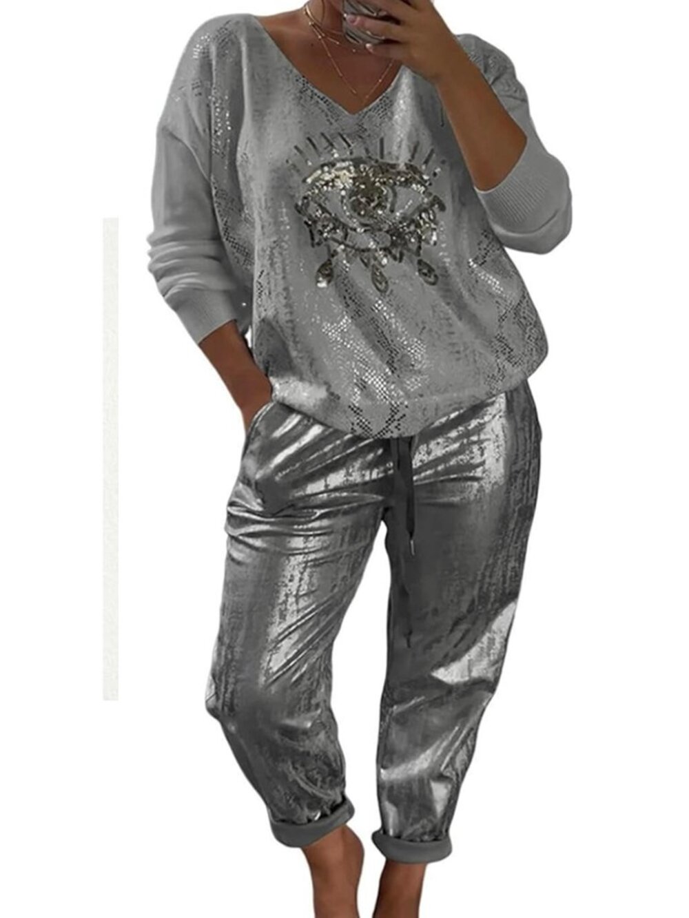 Silver Metallic Accented Long Sleeve Top and Pants Lounge Set